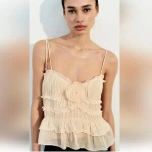 ZARA FLORAL RUFFLED FLUID CAMI TOP in Cream Size S